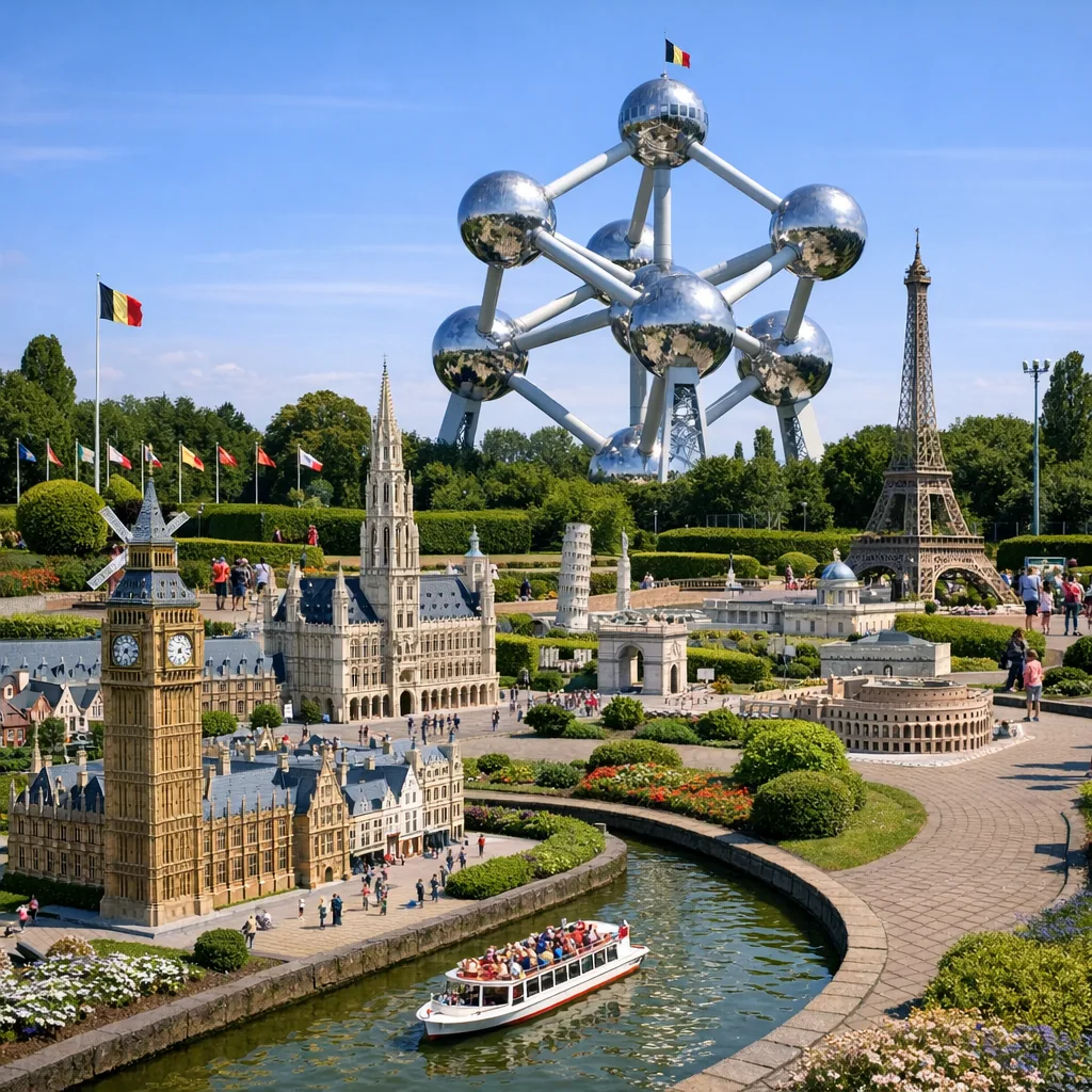 Illustration de monuments miniatures à Mini-Europe, près de l’Atomium