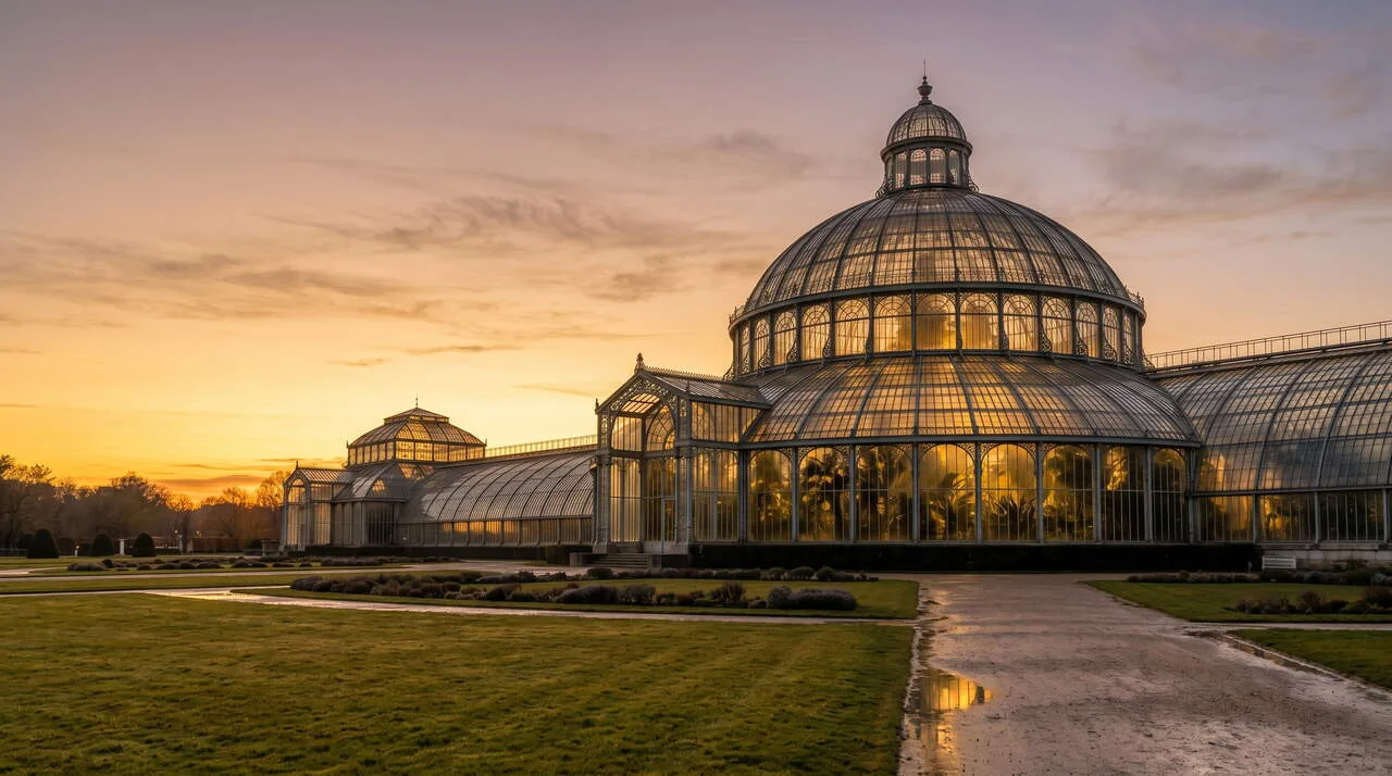Dôme vitré et jardin évoquant les Serres royales de Laeken